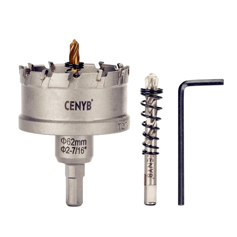cenyb 2-7/16" (62mm) Tungsten Carbide Tipped Hole Saw with 2Pcs Titanium-Plated Pilot Drill Bits for Hard Metal,Stainless Steel,Iron,Aluminum Alloy,Wood and Plastic - Image 1